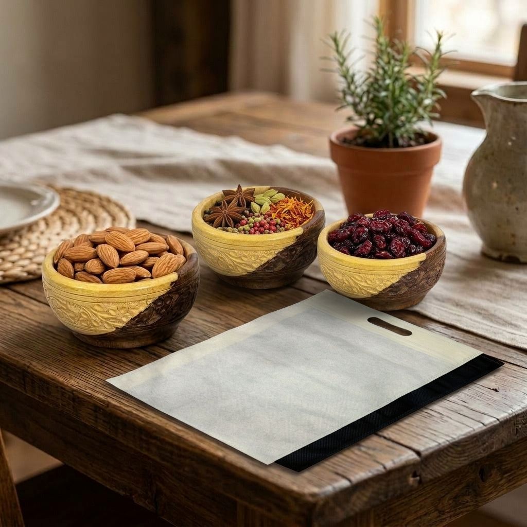 Pack of 3 Handcrafted Wooden Bowls + 2 Complimentary Tote Bags
