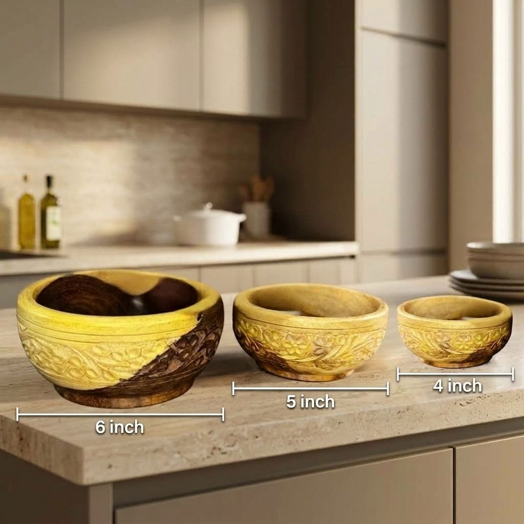 Pack of 3 Handcrafted Wooden Bowls + 2 Complimentary Tote Bags