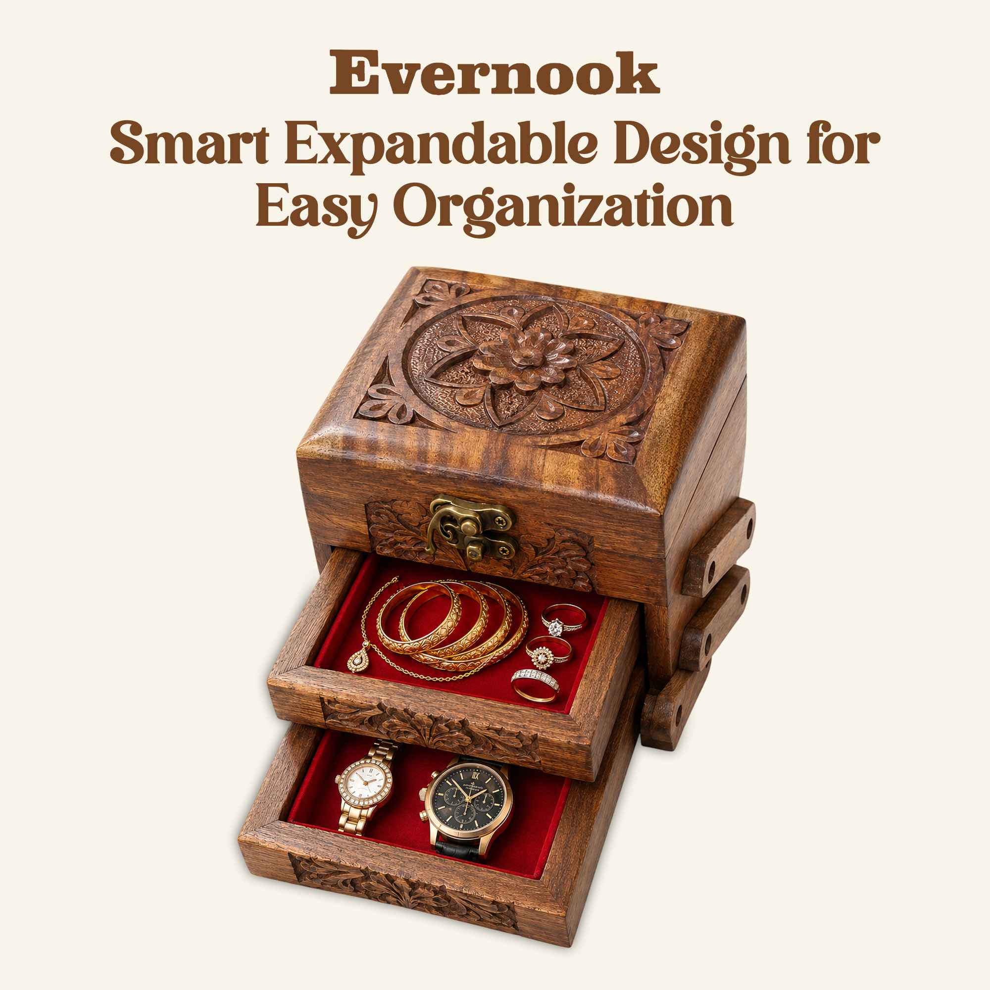 Evernook Hand-Carved 3x4" Wooden Jewelry Box