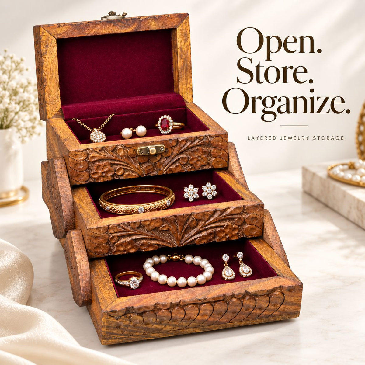 3-Layer Jewelry Box – Elegant Multi-Level Jewelry Organizer & Storage Case