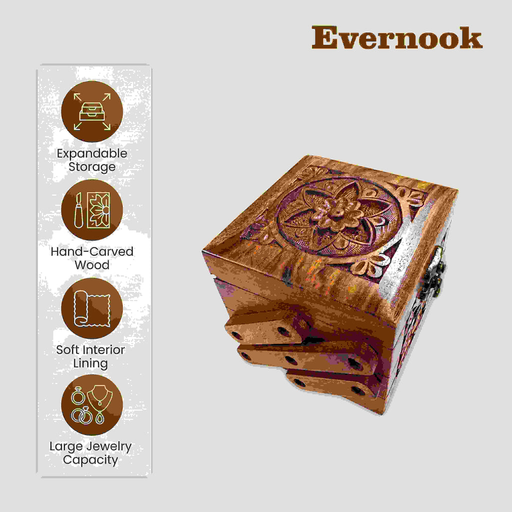 Evernook Hand-Carved 3x4" Wooden Jewelry Box