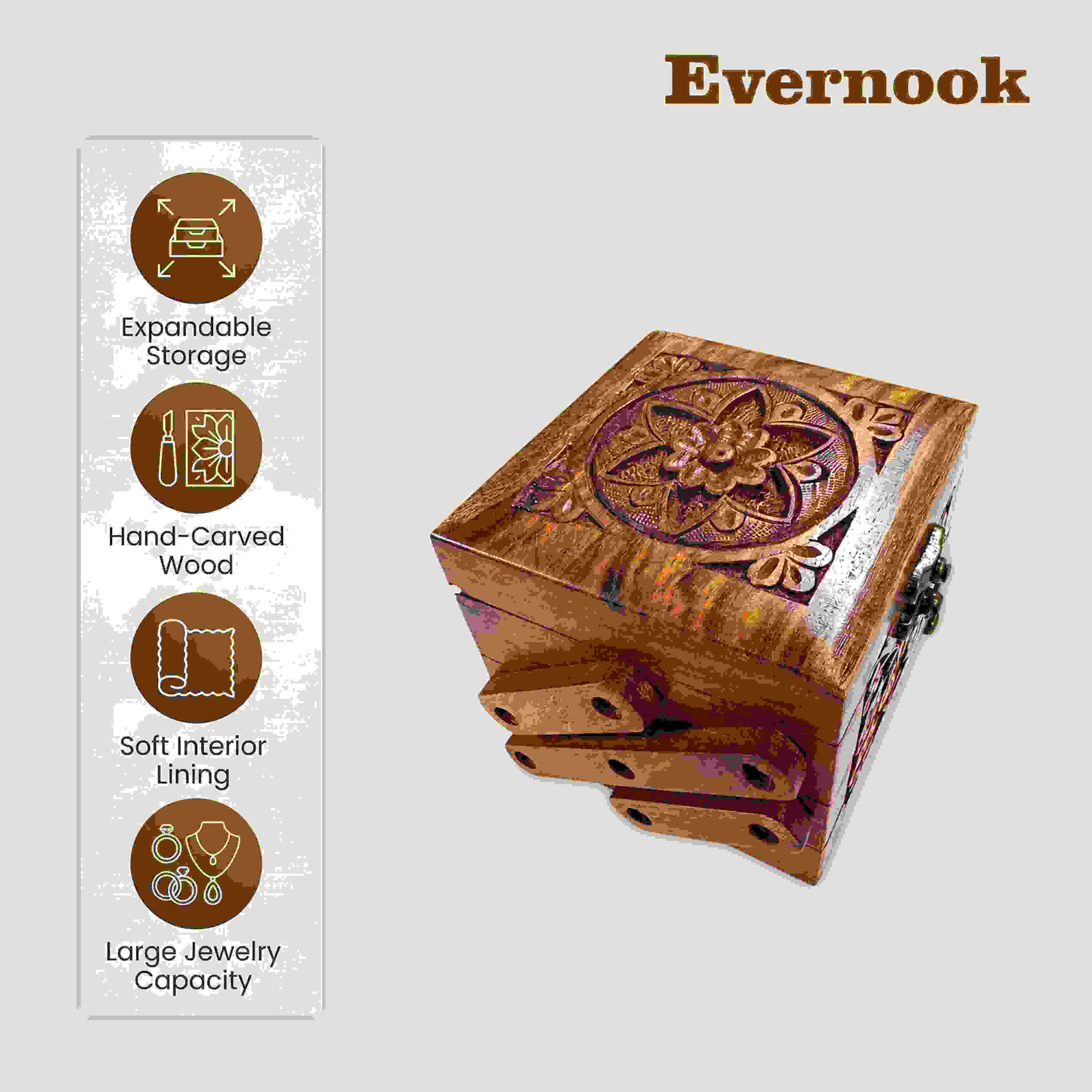 Evernook Hand-Carved 3x4" Wooden Jewelry Box