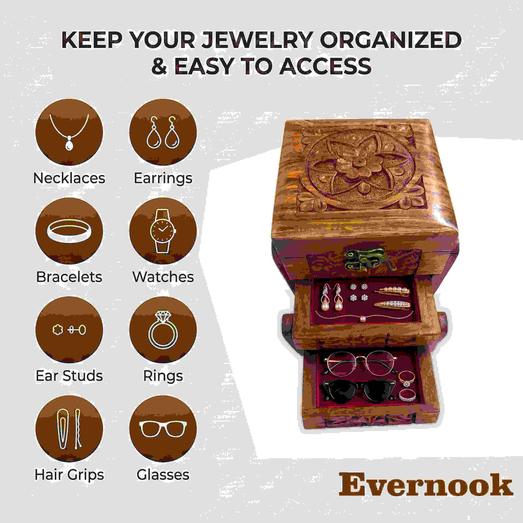 Evernook Hand-Carved 3x4" Wooden Jewelry Box