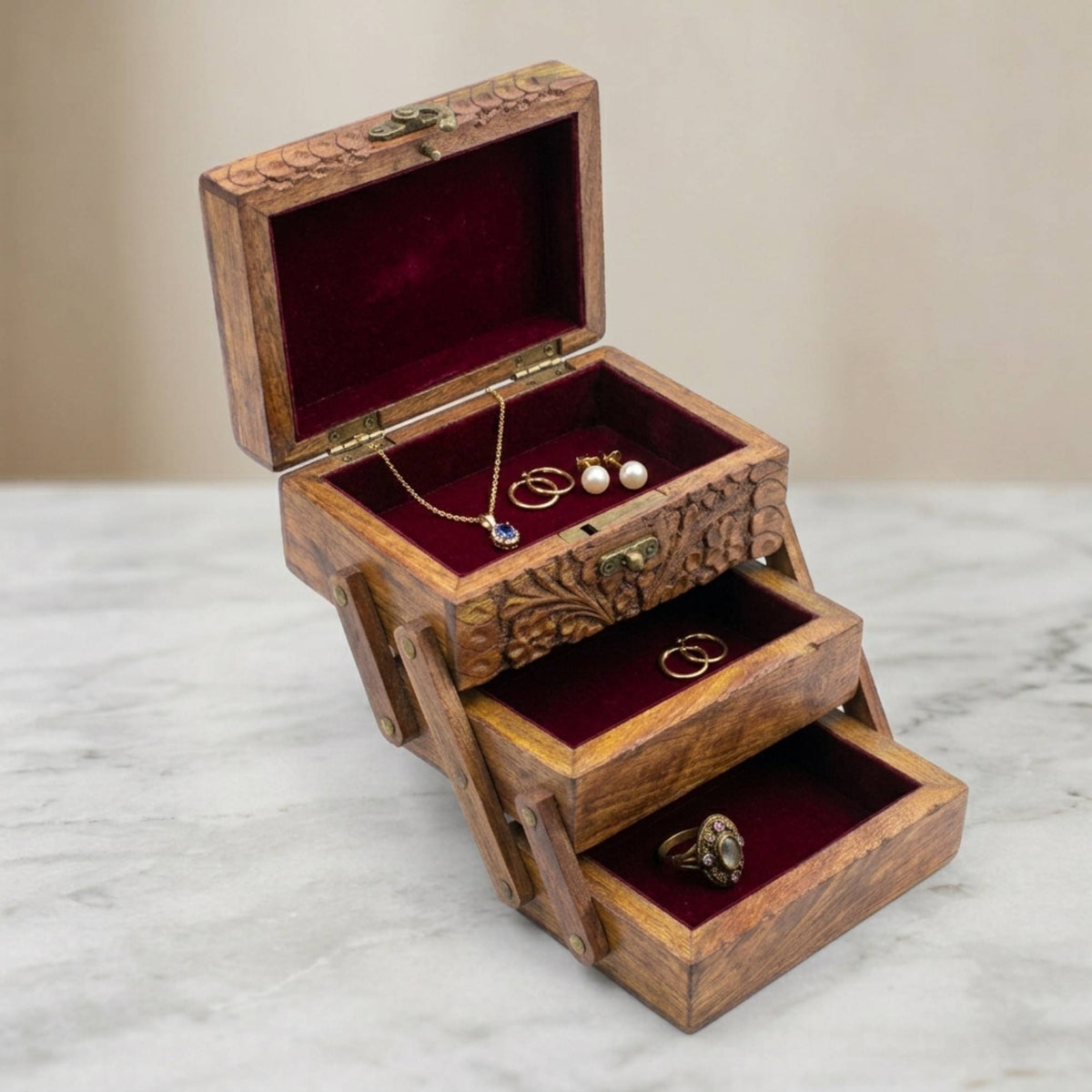Handmade 4-Layer Carved Wooden Jewelry Box