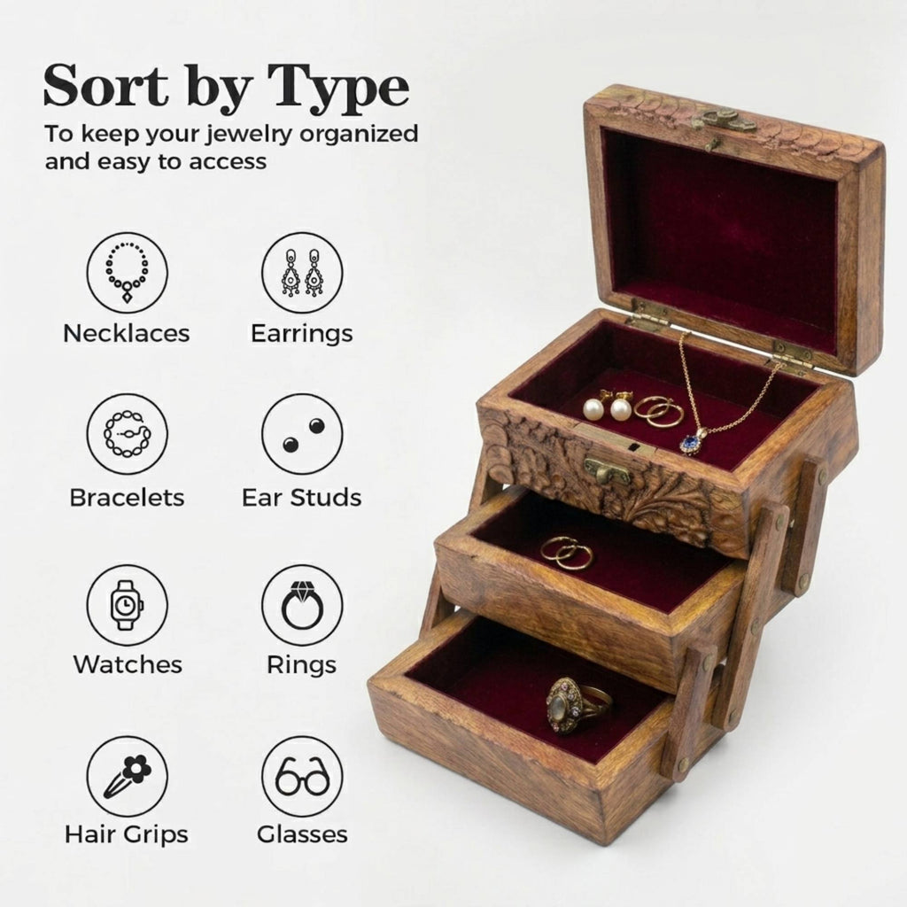Handmade 4-Layer Carved Wooden Jewelry Box