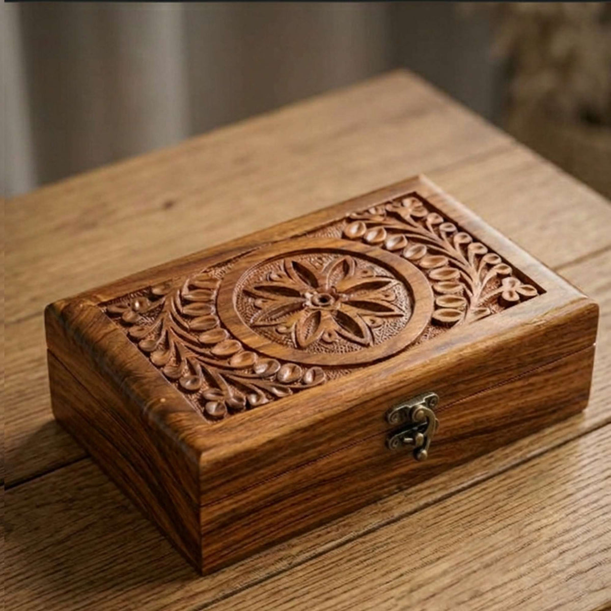 Handmade 8" x 5"Carved Wooden Jewelry Box