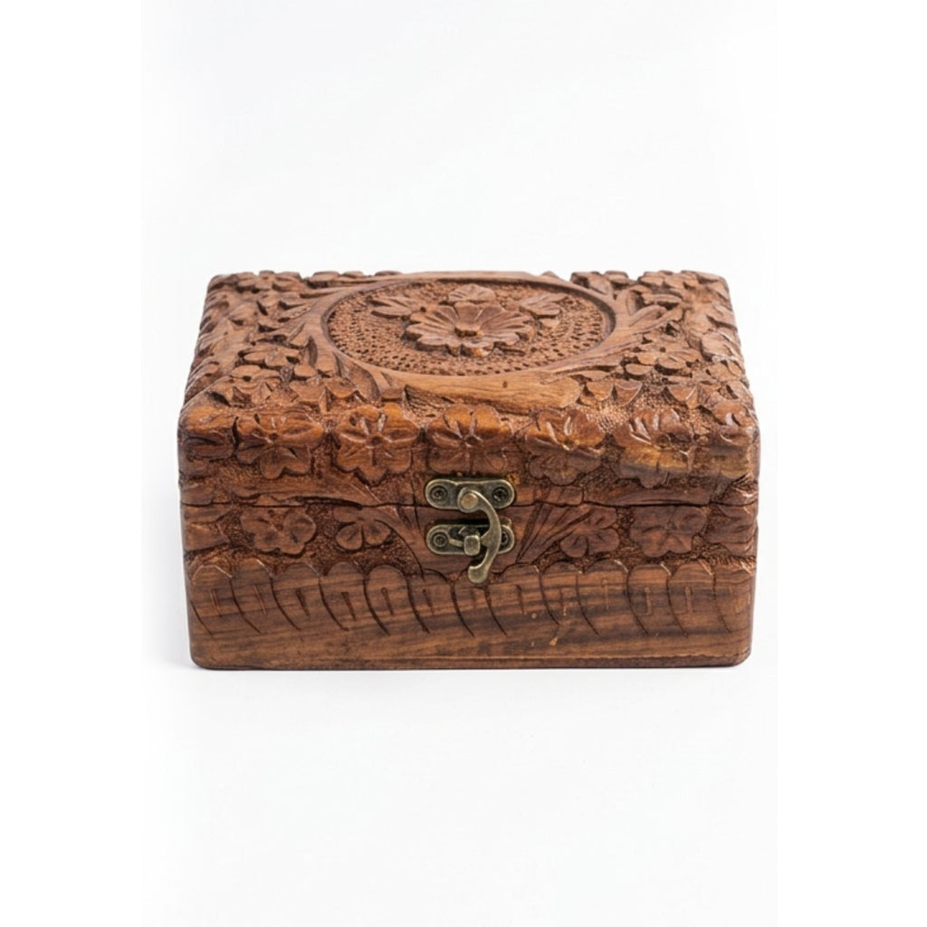 Handmade 6" x 4" Carved Wooden Jewelry Box