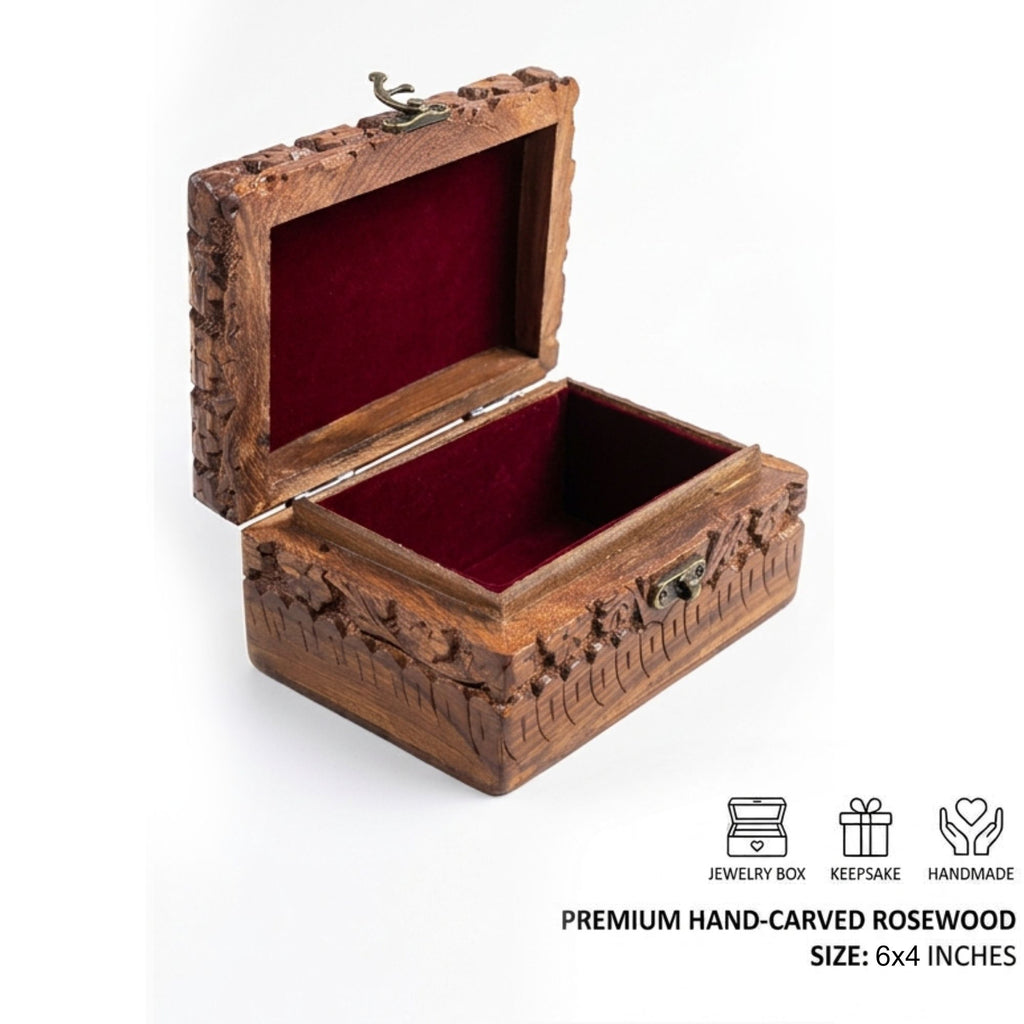 Handmade 6" x 4" Carved Wooden Jewelry Box