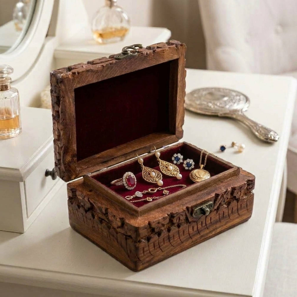 Handmade 6" x 4" Carved Wooden Jewelry Box