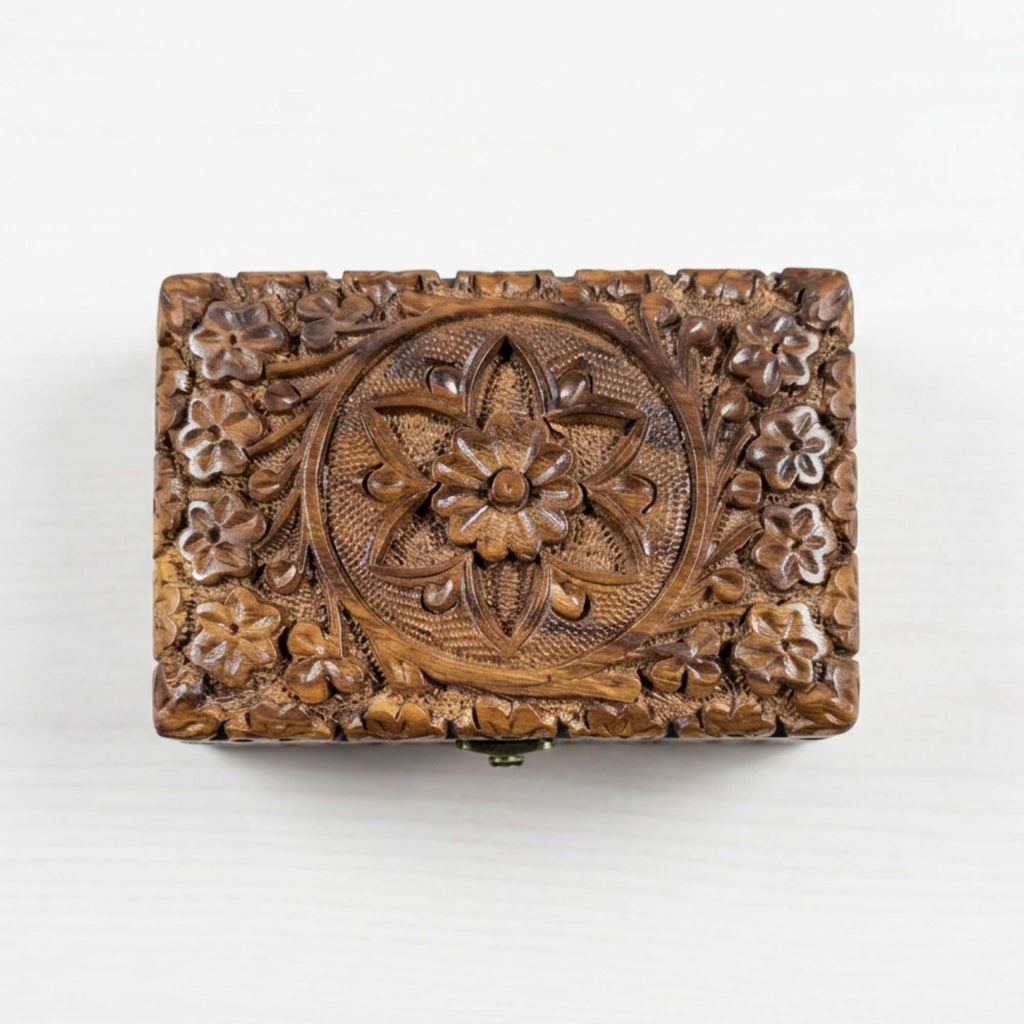 Handmade 6" x 4" Carved Wooden Jewelry Box
