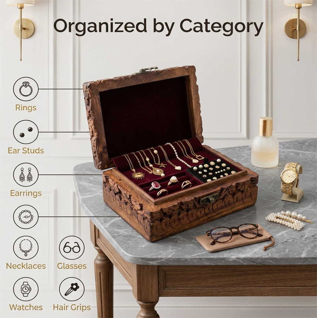 Handmade 6" x 4" Carved Wooden Jewelry Box